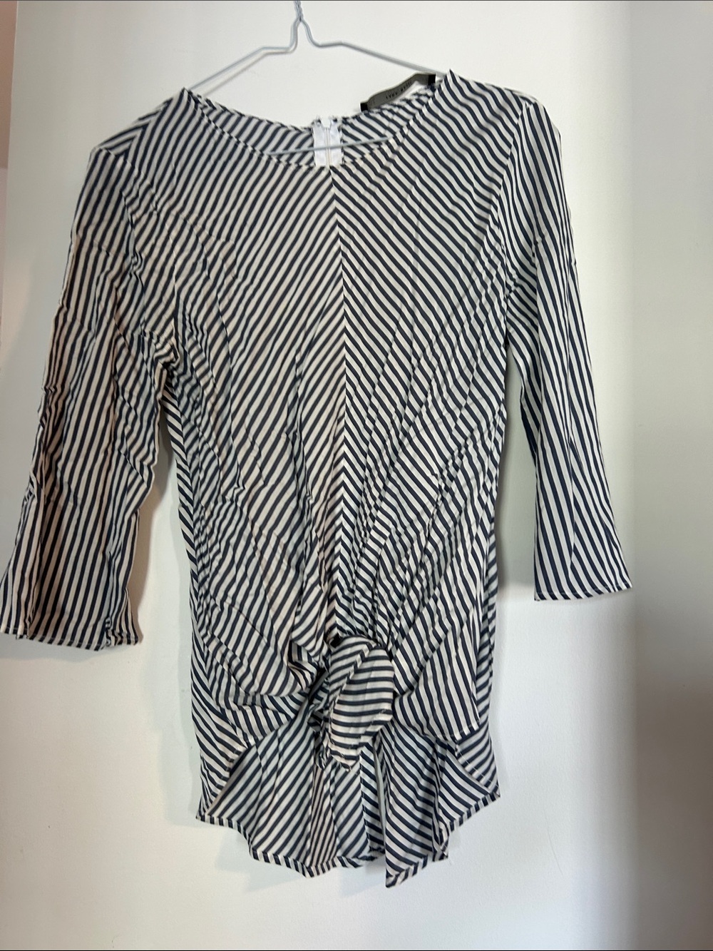 Zara Navy and White Striped Blouse with Back Zip